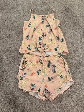 Pink Leopard Print Girls' Matching Tank & Shorts Set